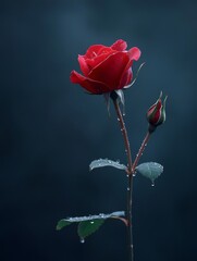 Single Rose Unfolding Delicate Petals - A single red rose with dew drops, symbolizing love, beauty, purity, new beginnings, and hope.