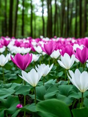 Springtime Forest Bloom - White and pink flowers carpet a forest floor, symbolizing nature, serenity, beauty, renewal, and abundance.