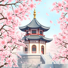 Beautiful Pagoda Surrounded by Cherry Blossom Trees Under a Clear Blue Sky