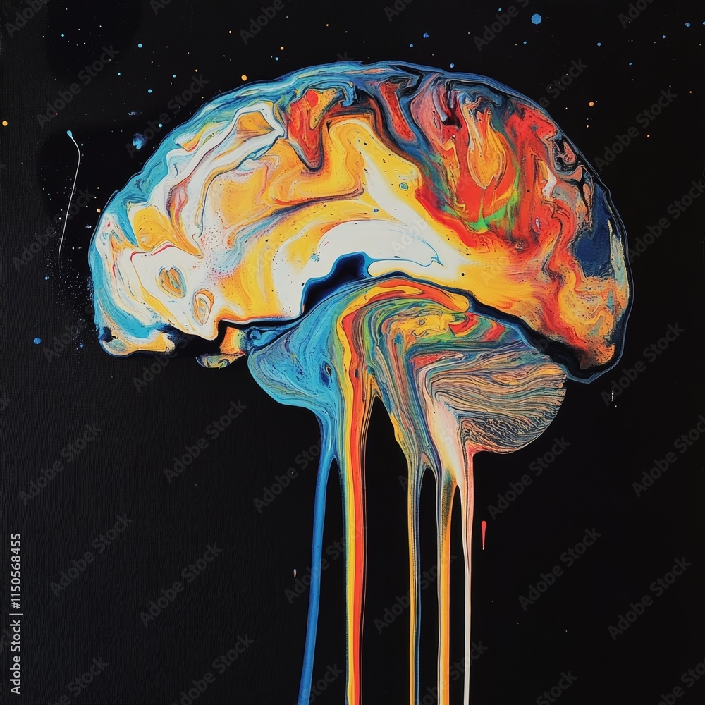 Poster colorful abstract painting representing a brain with vibrant swirls of paint on a black background c