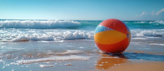 Obraz premium Beach ball on the sandy shore with ocean waves.