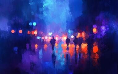 Colorful City Street at Night With Silhouettes of People Walking Amidst Vibrant Lights and Reflections on Wet Pavement