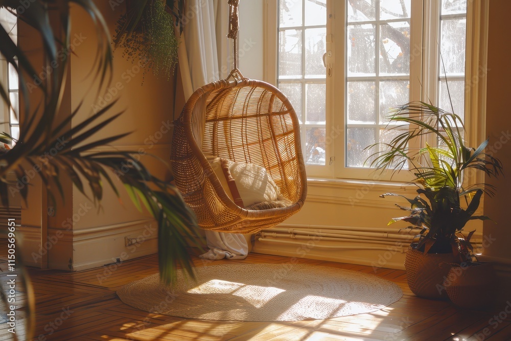 Aufkleber cozy indoor space with a hanging chair and plants in soft afternoon light creating a serene atmosphe