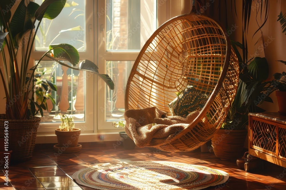 Aufkleber cozy indoor space with a hanging chair and plants in soft afternoon light creating a serene atmosphe