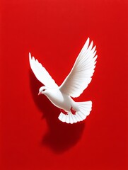 Obraz premium White Dove in Flight - Symbolizing peace, hope, purity, freedom, and spirituality. A white dove soars against a vibrant red backdrop.