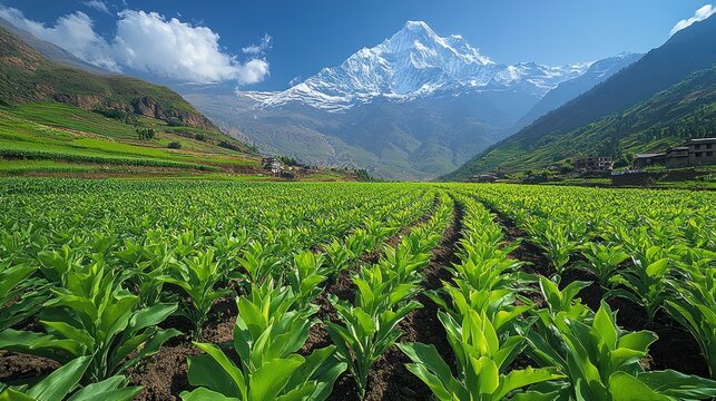 Lush green turmeric plants cultivated in a valley, with snow-capped mountain peaks in the background. Sunny, idyllic landscape. - Powered by Adobe