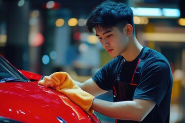 Man Polishing Vehicle with Microfiber Cloth - Car Care and Detailing Concept in Selective Focus
