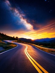 Fototapeta premium Winding Road Sunset Milky Way - Scenic highway, sunset glow, winding road, night sky, milky way galaxy. Journey, adventure, freedom concepts.