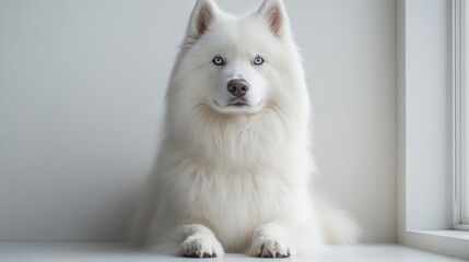 Majestic white dog with blue eyes sits on a white surface, looking directly at the camera.