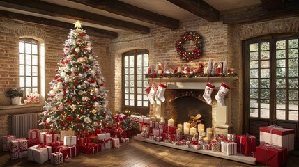 Rustic Christmas Living Room with Decorated Tree and Fireplace