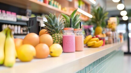 Energizing Smoothie Bar with Lion's Mane Powder: Colorful Fruits, Health Enthusiasts, and Vibrant Atmosphere