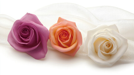 bouquet of three elegant roses in purple, orange, and white, beautifully arranged on soft fabric background, exuding sense of tranquility and charm