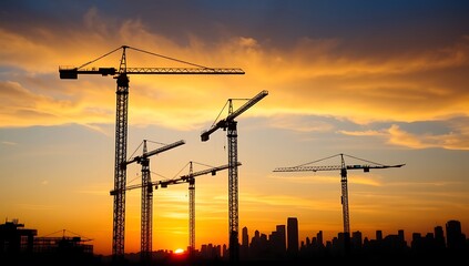 Fototapeta premium Construction Cranes Silhouette at Sunset Over City Skyline