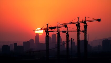 Sunset Silhouette Of Construction Cranes Over Cityscape