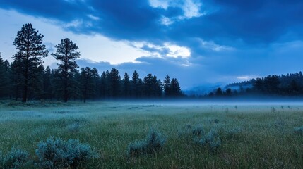 Obraz premium Serene Misty Meadow Dusk Forest Landscape
