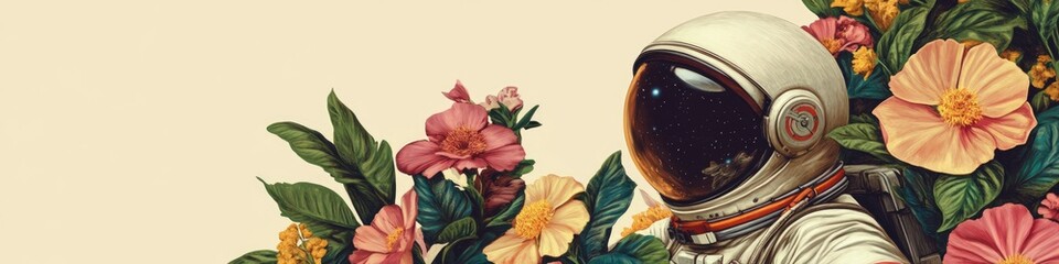Obraz premium Whimsical Spaceman Surrounded by Vibrant Floral Art in a Cosmic Background