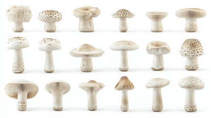 Collection of Twenty-Two Edible Mushrooms Isolated on White Background, Showcasing Nature's Fungal Delights