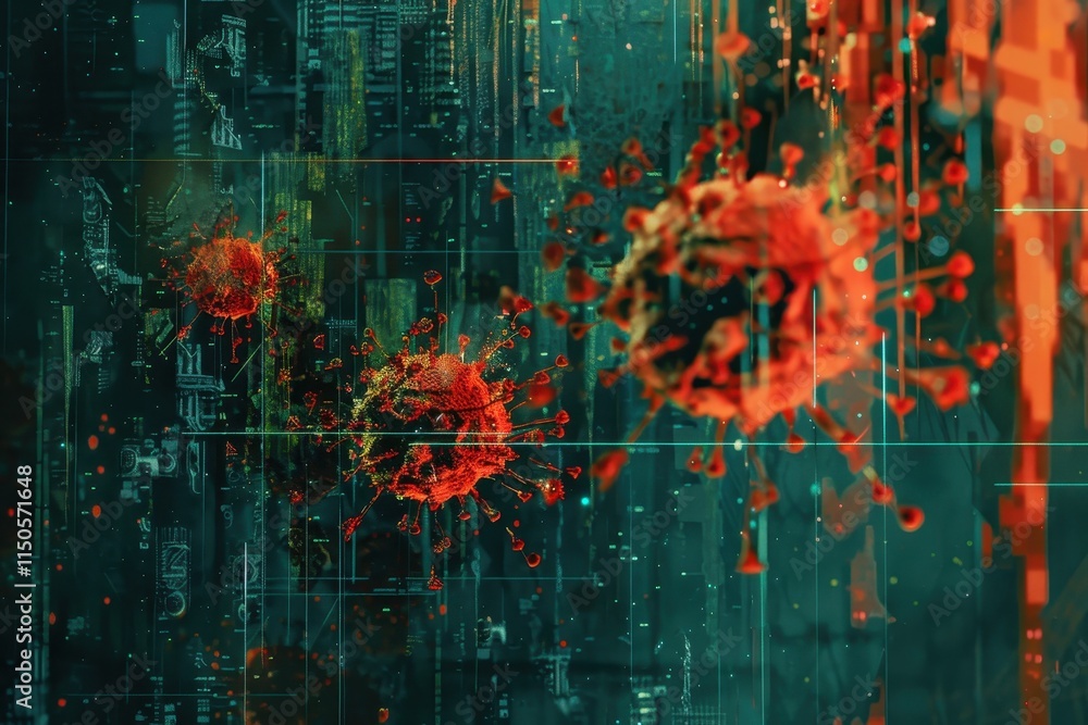 Poster vivid microscopic view of green microorganisms in a dark environment showcasing intricate details an