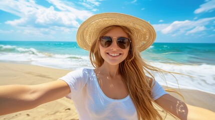 Joyful young woman captures the essence of beach adventure with a selfie by the ocean