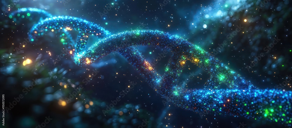 Poster glowing dna double helix rotating in space.