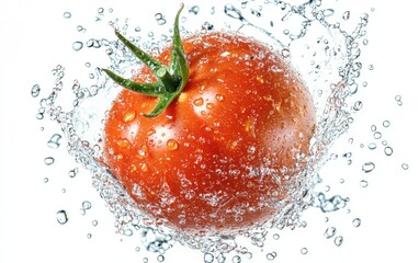 A fresh red tomato floating mid-air with a splash of water droplets, isolated on a bright white background