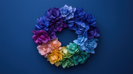 vibrant wreath made of multicolored flowers, showcasing shades of blue, purple, pink, and green, perfect for home decor and celebrations