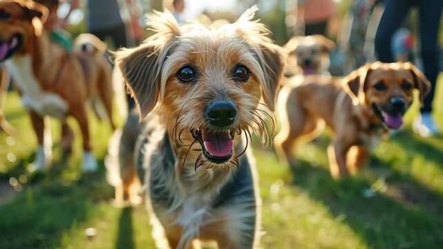 Slightly unfocused on a joyful scene at the dog park with playful dogs and chatty owners.