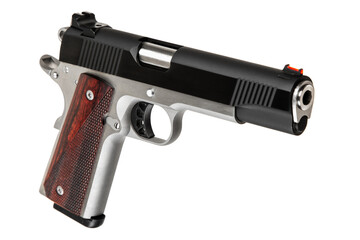 Modern semi-automatic handgun with wooden grips on a white background.