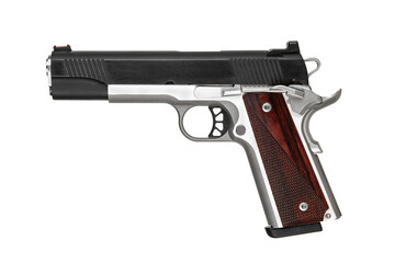 Modern semi-automatic handgun with wooden grips on a white background.