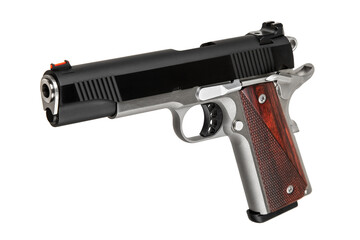 Modern semi-automatic handgun with wooden grips on a white background.