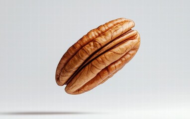 A pecan nut levitating mid-air with its intricate shell patterns glowing, on a white background