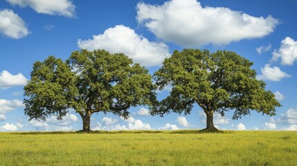 Obraz premium Majestic Trees in a Golden Field Under a Cloud-Kissed Sky