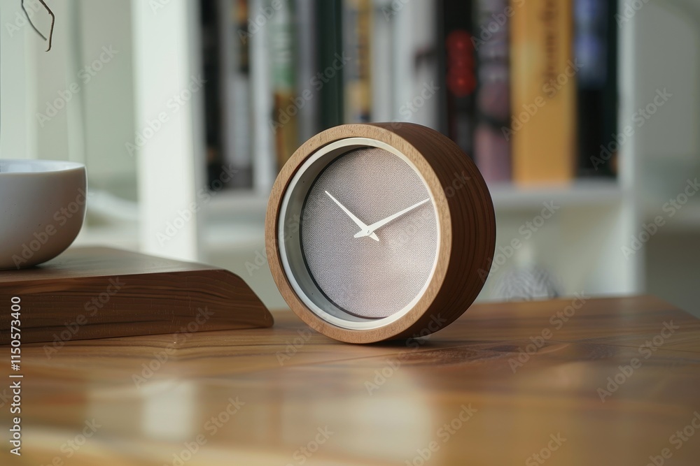 Poster stylish wooden table clock showcasing minimalist design and elegant craftsmanship in a bright, moder