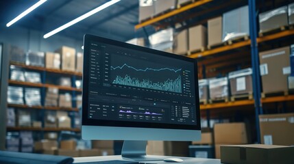 A large computer monitor displaying a dashboard with data visualizations