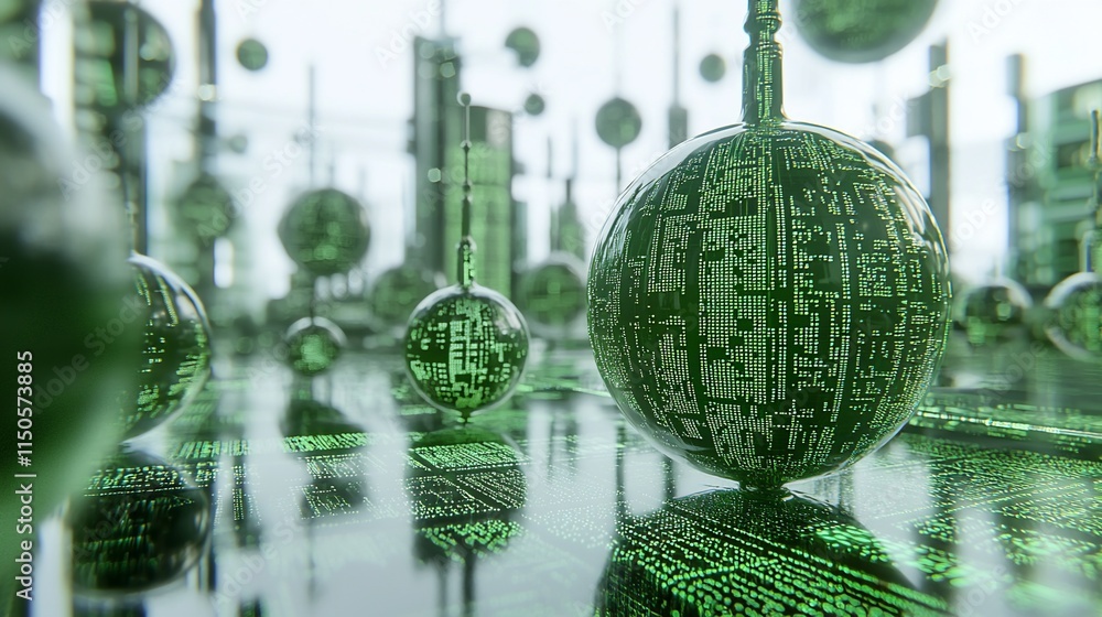 Poster green spheres displaying digital code in a futuristic cityscape