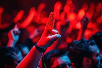 Crowd enjoying an energetic concert with a playful audience member holding up a creative gesture in...