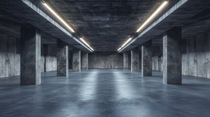 Empty industrial space with concrete pillars and modern lighting