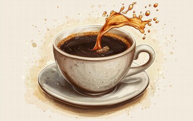 A cup of steaming black coffee levitating with a splash of liquid, set on a soft cream background