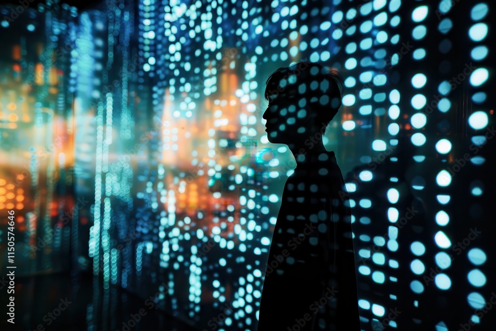 Poster Silhouette of a person against a colorful backdrop with abstract lights and binary code, capturing the essence of technology and digital art