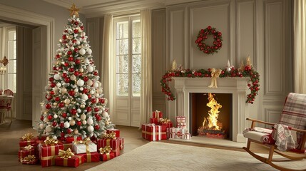 Elegant Christmas Tree in Classic Interior with Fireplace