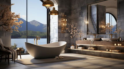 Elegant bathroom with gold accents, a freestanding tub, natural wood finishes, and a large window offering breathtaking views of mountains and a serene lake.