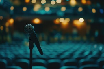 Vacant Venue: Close-Up of Microphone Stand with Blurry Seats, Evoking the Anticipation of an Upcoming Seminar