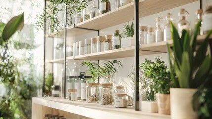 Elegant Modern Apothecary Display with Lion's Mane Supplements in Glass Containers and Natural Decor Elements