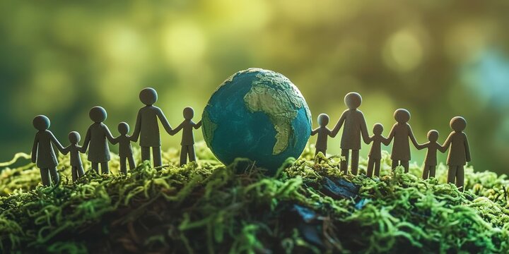 A group of people holding hands and standing around the Earth, symbolizing unity for environmental protection