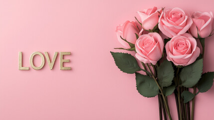 Elegant pink roses with word LOVE on soft pink background create romantic atmosphere, perfect for Valentine Day or special occasions