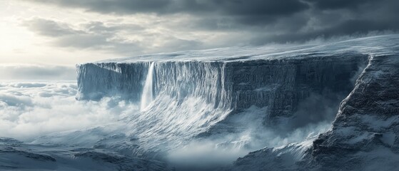 Majestic ice-capped mountains and floating icebergs reflect in calm blue waters at dawn in a serene arctic landscape