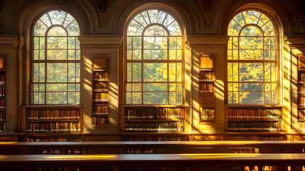 Obraz premium A serene library glowing with warm yellow lights and intricate window designs.