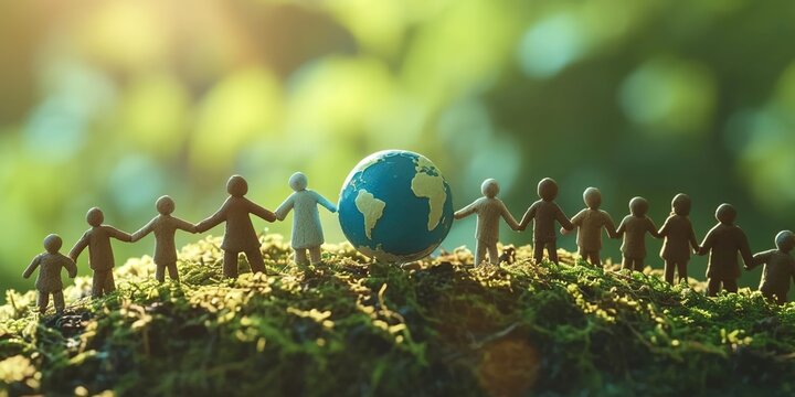 A group of people holding hands and standing around the Earth, symbolizing unity for environmental protection