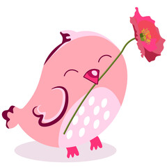 Pink bird with a flower in its beak