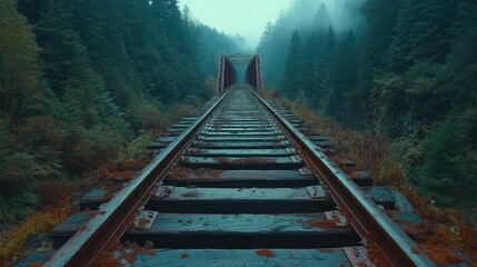 Misty forest railroad track through a bridge.